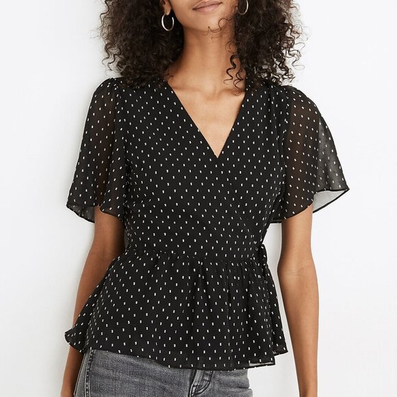 MADEWELL Flutter-Sleeve Peplum Top CLIPDOT blouse Sz MEDIUM Silky soft ROMANTIC - Picture 1 of 15